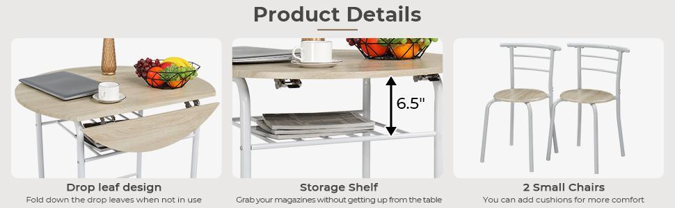 VINGLI 31.5" Drop Leaf Dining Table Set 3 Pieces for Small Space,Small Kitchen Table Set for 2,Round Folding Table with 2 Chairs for Home,Kitchen,Apartment