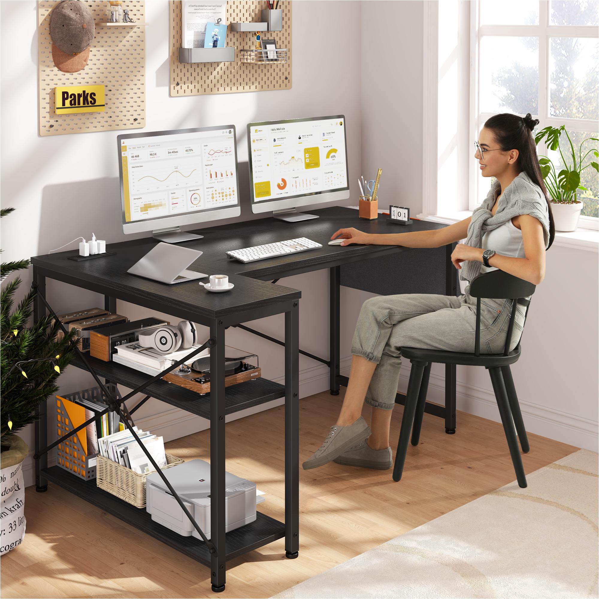 【For SMALL SPACE】Raybee L-Shaped Gaming Desk with Side Pouch, Shelves, Power Outlets Home Office Computer Desk for Small Space, Bedroom,Dormitory,Study Room,Corner Table Organization 【For SMALL SPACE】Raybee L-Shaped Gaming Desk with Side Pouch, Shelves, Power Outlets Home Office Computer Desk for Small Space, Bedroom,Dormitory,Study Room,Corner Table Organization