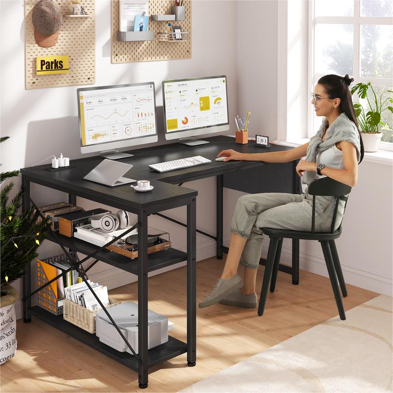 【For SMALL SPACE】Raybee L-Shaped Gaming Desk with Side Pouch, Shelves, Power Outlets Home Office Computer Desk for Small Space, Bedroom,Dormitory,Study Room,Corner Table Organization