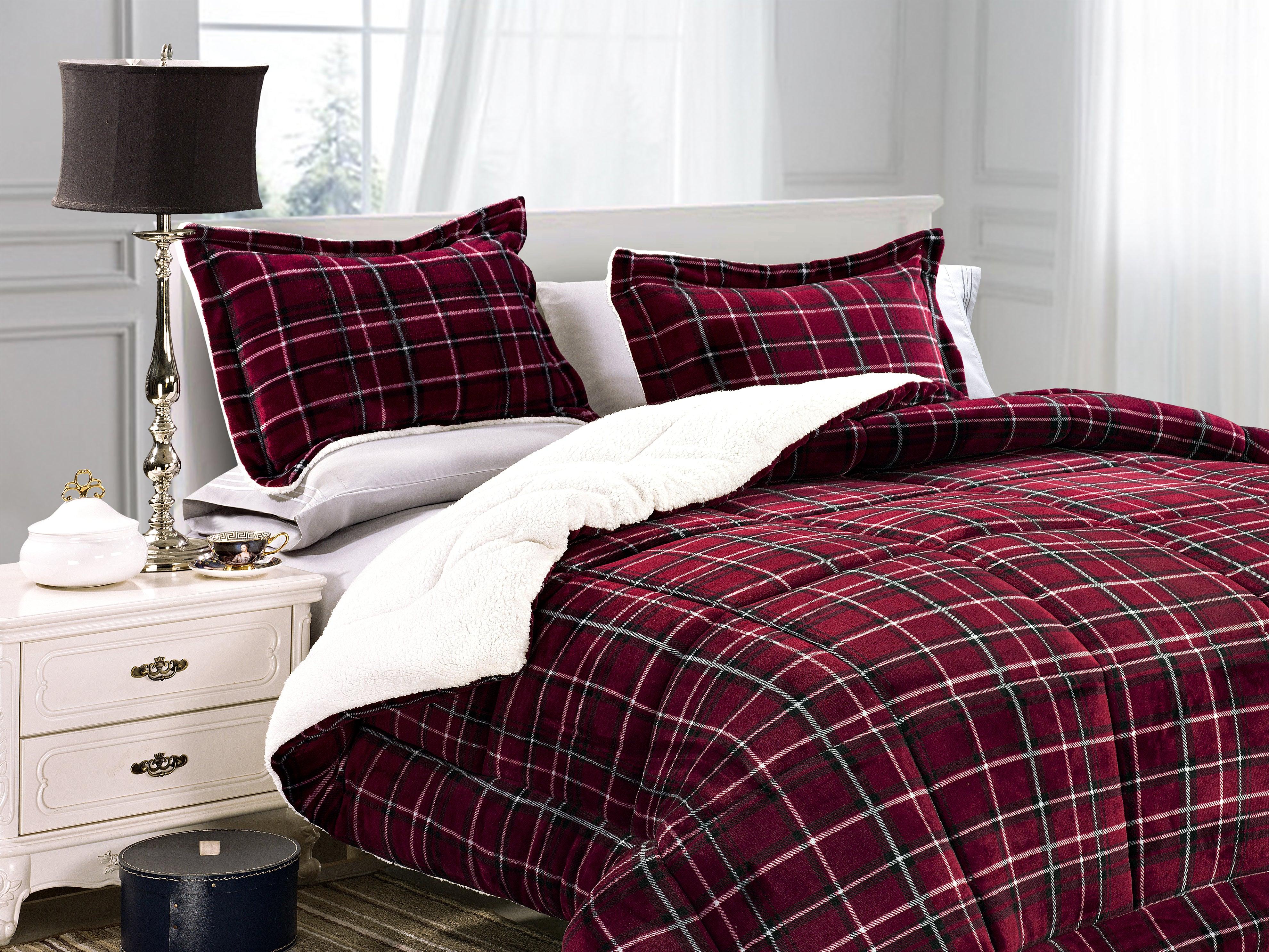 Elegant Comfort 3-Piece Plaid Micro-Suede Reversible Sherpa Comforter Set – Lodge-Style Cozy Warm Bedding