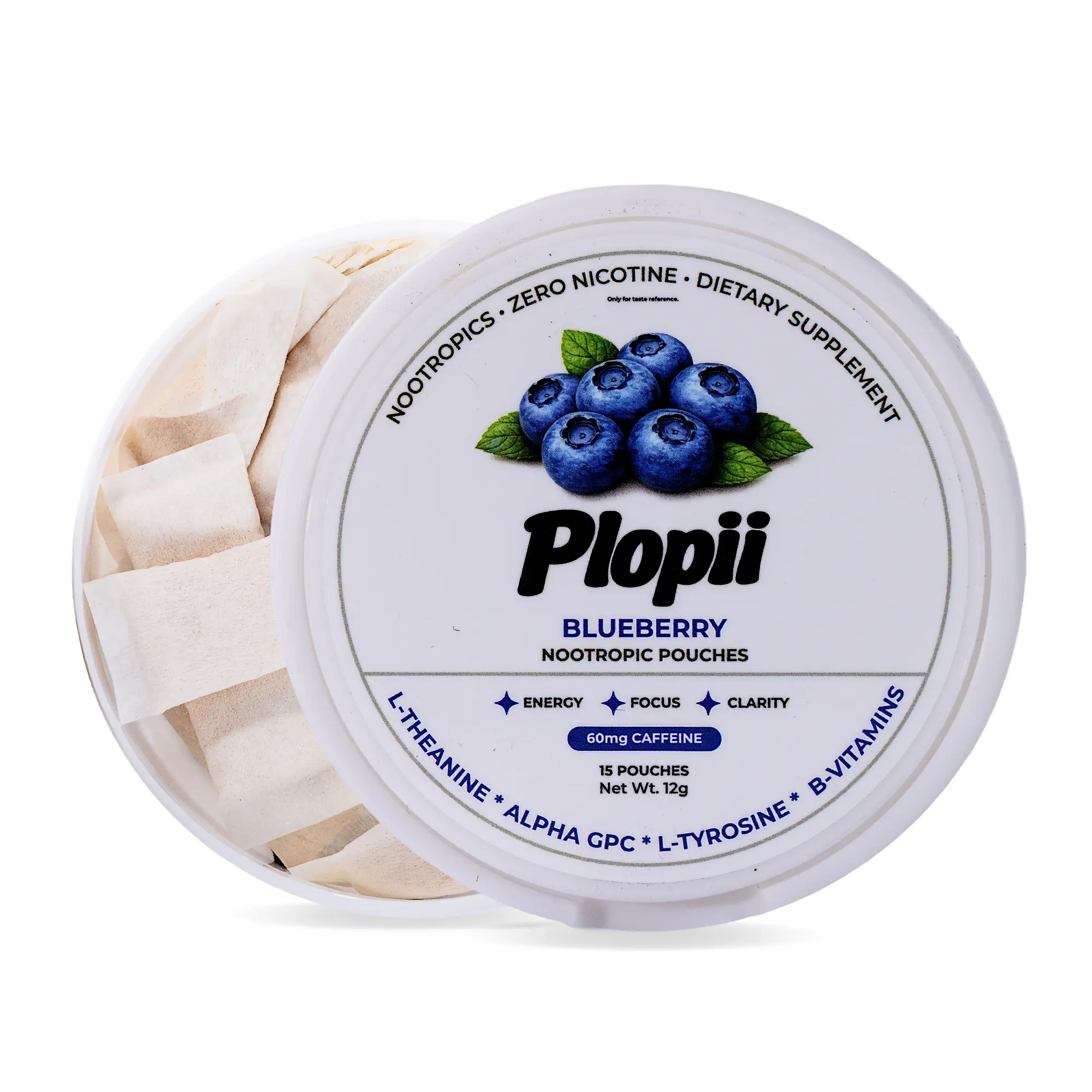 Plopii Caffeine Focus & Energy Nootropic Pouches | Alpha GPC, L-Theanine, L-Tyrosine, Ginseng, Vitamin B6 + B12 | No Jitters, No Crash | Nicotine-Free (Singe-Tin)