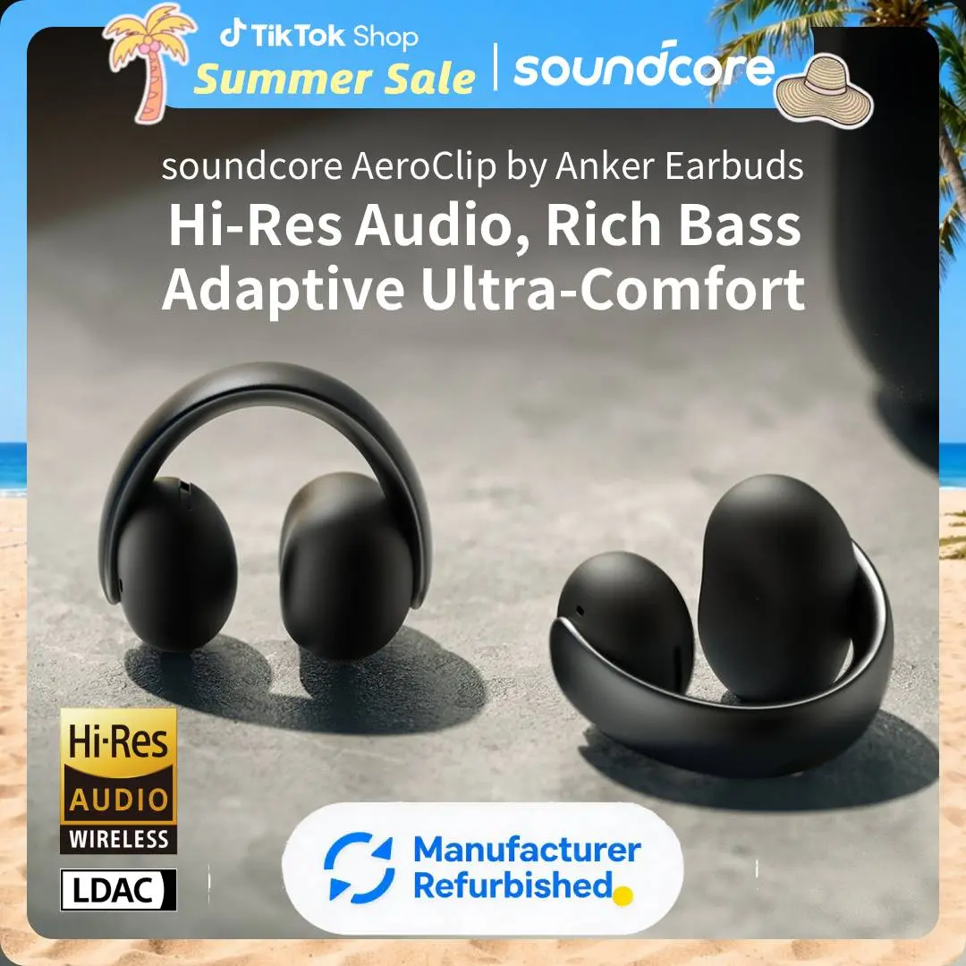 [Refurbished]soundcore AeroClip by Anker, Open-Ear Earbuds, Clip-On Headphones, Adaptive Comfort, Clear Calls with 4 Mics and AI, Stable Fit, 12mm Drivers for Powerful Bass, Hi-Res, Open-Ring Design #tiktokshopsummersale,back to school,back to school haul