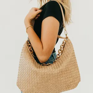 Sienna Slouchy Woven Shoulder Bag - Versatile Design with Chain Strap, Ideal for Everyday Use - Vegan Leather