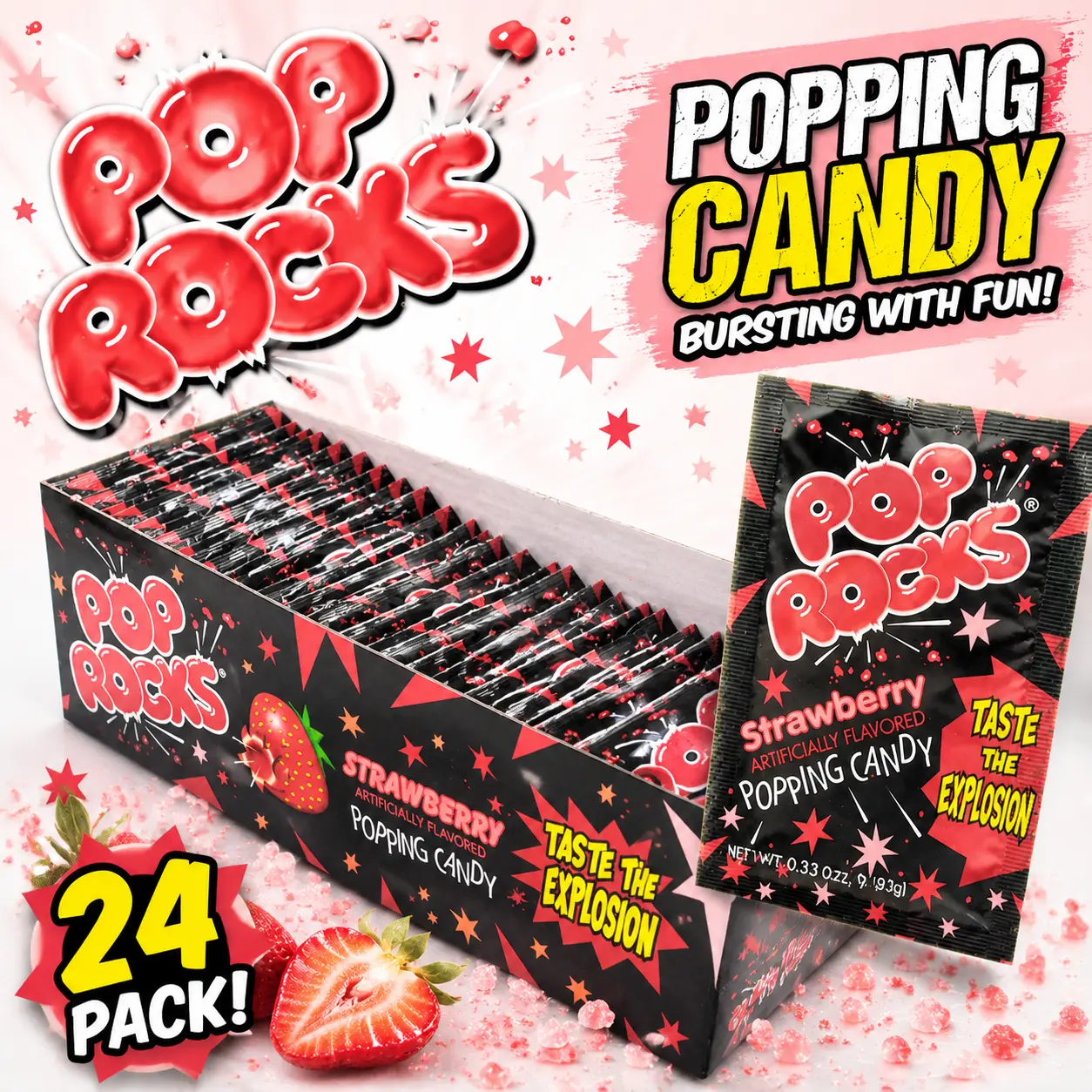 Pop Rocks Strawberry Popping Candy 24 Count  Crackling Strawberry Candy | Fun Fizzy Party Treats & Nostalgic Candy