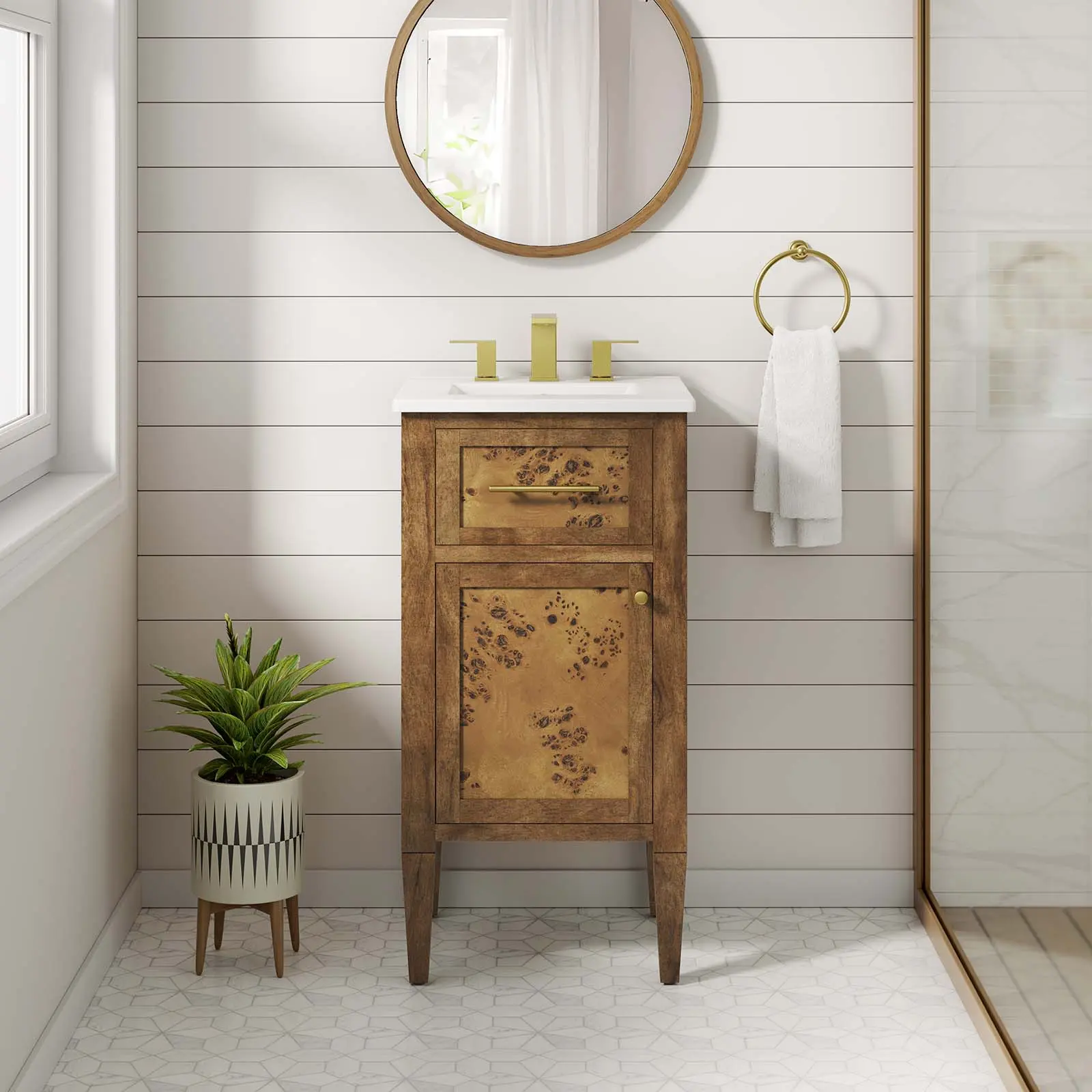 Modway Elysian 18-in Wooden Bathroom Vanity with 8" Centerset Holes, White-Brown Wooden Bathroom Cabinet, Elegant Ceramic Sink Basin