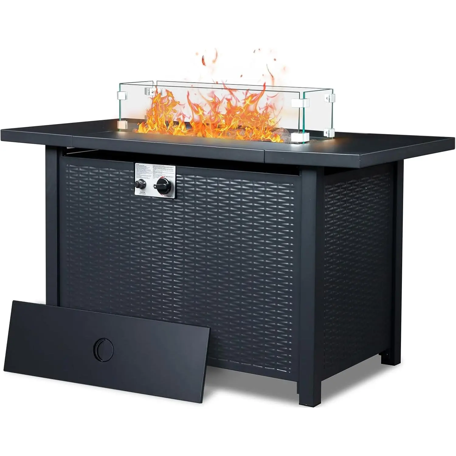 Fire Pit Table, 43" 50,000 BTU Rectangle Metal Propane Fire Table with Lid, Lava Rocks, Waterproof Dust Cover and Glass Wind Guard for Garden Backyard Deck Patio, Fire Pit Outdoor, Free-Standing Outdoor Fireplaces