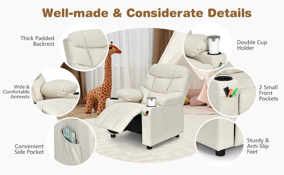COSTWAY Kids Recliner Chair with Cup Holder, Adjustable Lounge Chair w/Footrest & Side Pockets for Children Boys Girls Room, Ergonomic Toddler Furniture Sofa, Kids Recliner,Christmas Festival Gift Black Friday Cyber Monday