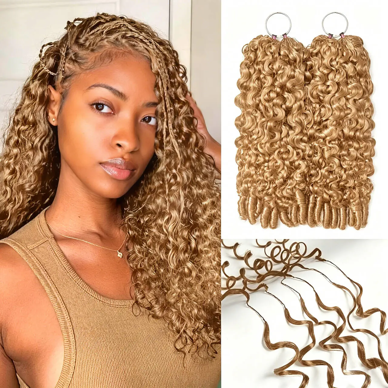 Honey Blonde #27 Burmese Curly Crochet Braid Hair Extensions For Miracle Knots Human Hair Feather Crochet Hair Extensions Pre-Separated Bulk Hair Extensions Burmese Curly For Braiding Honey Blonde Colored 100% Human Hair