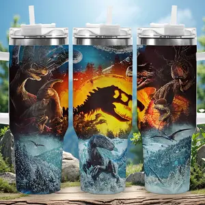 1pc 40oz Dinosaur Adventure Tumbler with Lid, Insulated Travel Mug, Gift for Women Men, Ideal for Halloween, Independence Day, Memorial Birthday Gift, Coffee Cup, weird stuff