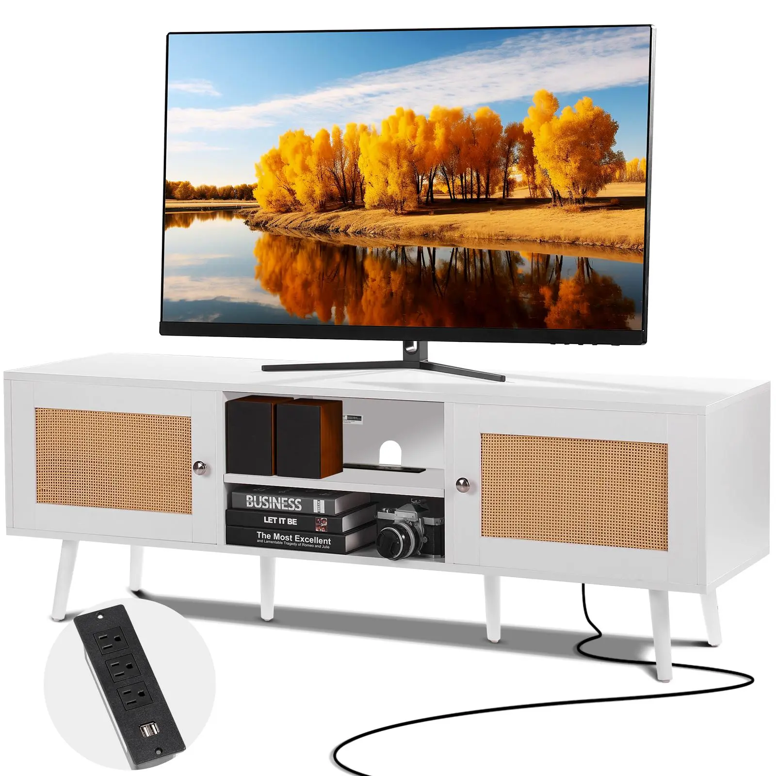 【SummerFinds】VEVOR Rattan TV Stand for 65 inch TV,  , Boho TV Stand with Rattan Door, Entertainment Center with Build-in Socket and USB Ports, Modern TV Console for Living Room, Media Room, White