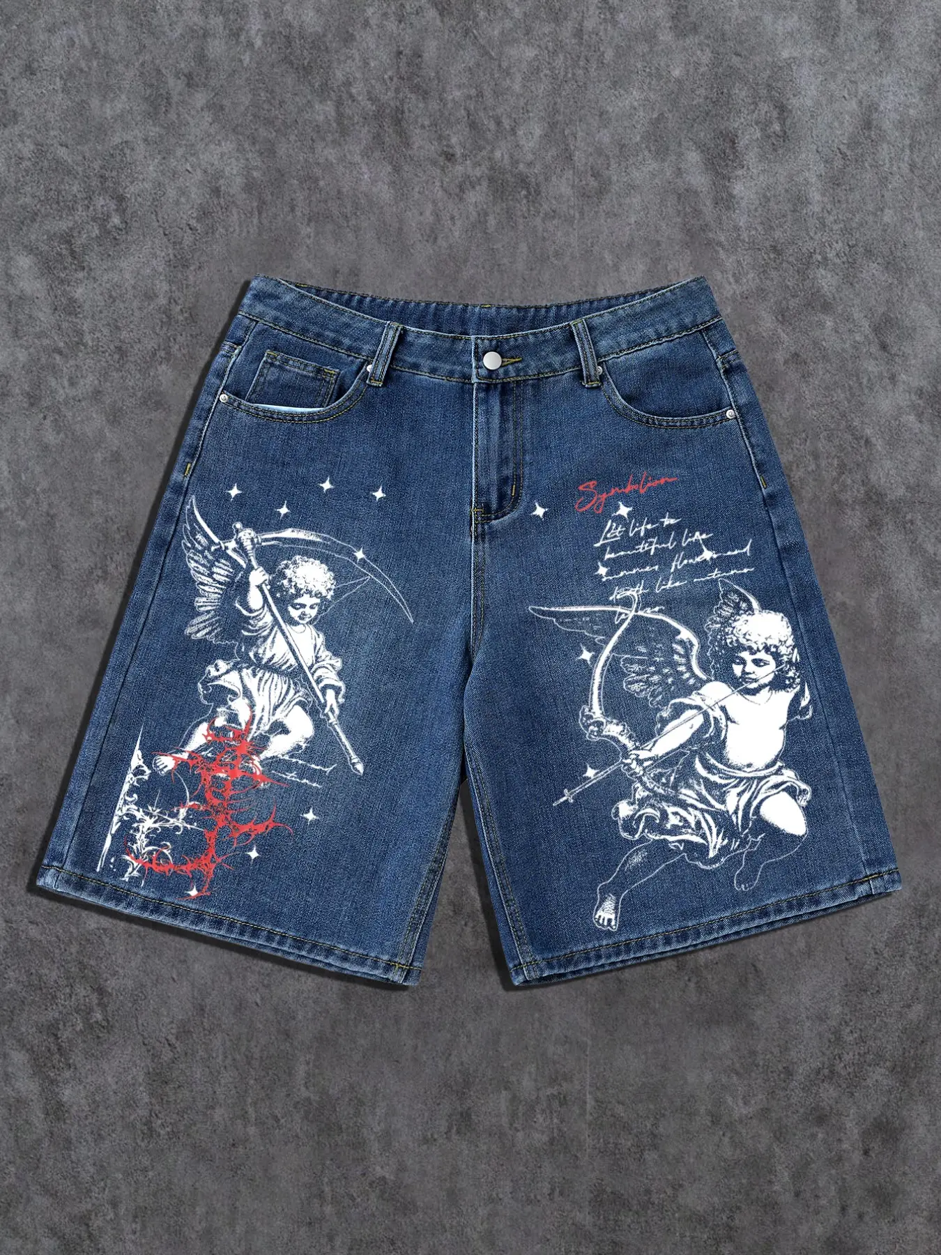 Men's Summer Casual Denim Shorts with Pocket, Gothic Angel Symbolism Graphic Print, Loose Fit Printed Denim Jeans, Dark Streetwear Style, Punk, Trendy Fashion, Daily Wear Menswear