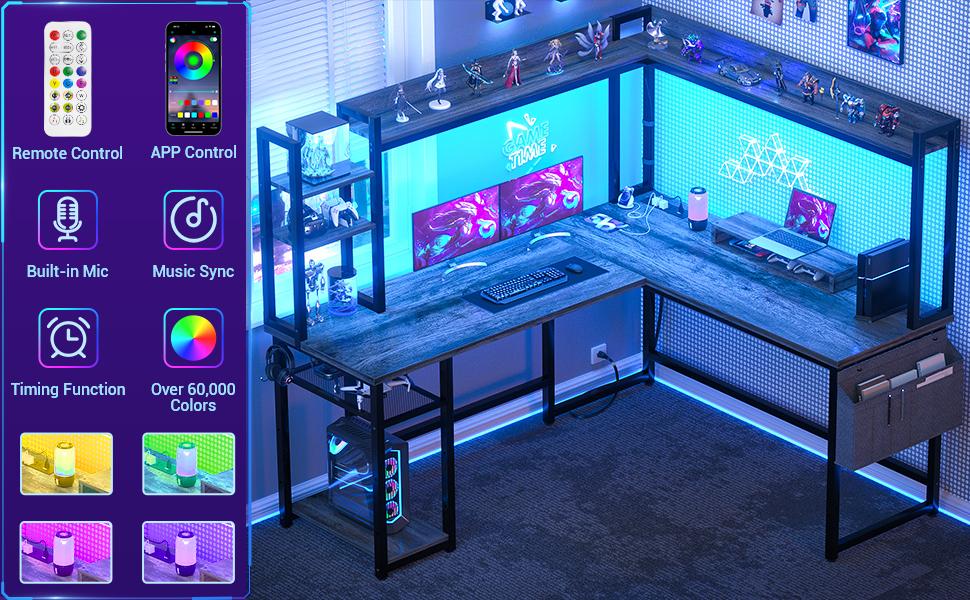 Reversible L-Shaped Computer Desk with Power Outlets & LED Lights, Corner Home Office Gaming Desk with Monitor Stand & Full Hitch Storage Shelves