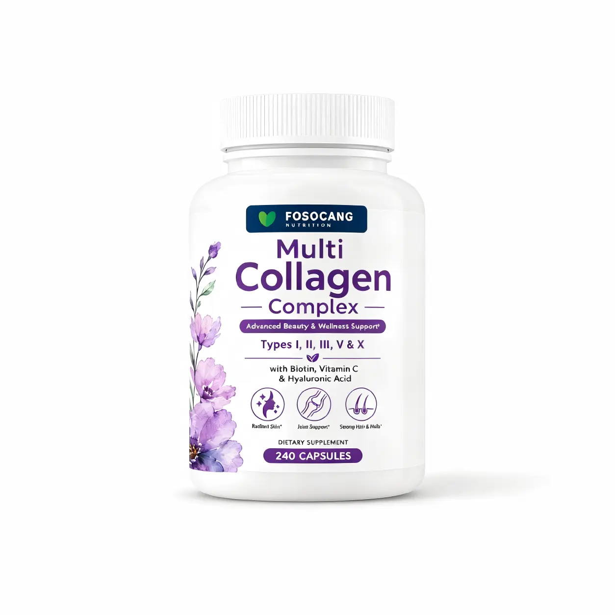 Multi Collagen Complex Capsules - Types I, II, III, V & X with Biotin, Hyaluronic Acid & Vitamin C - 240 Capsules (80 Servings) for Skin, Hair, Nails & Joints