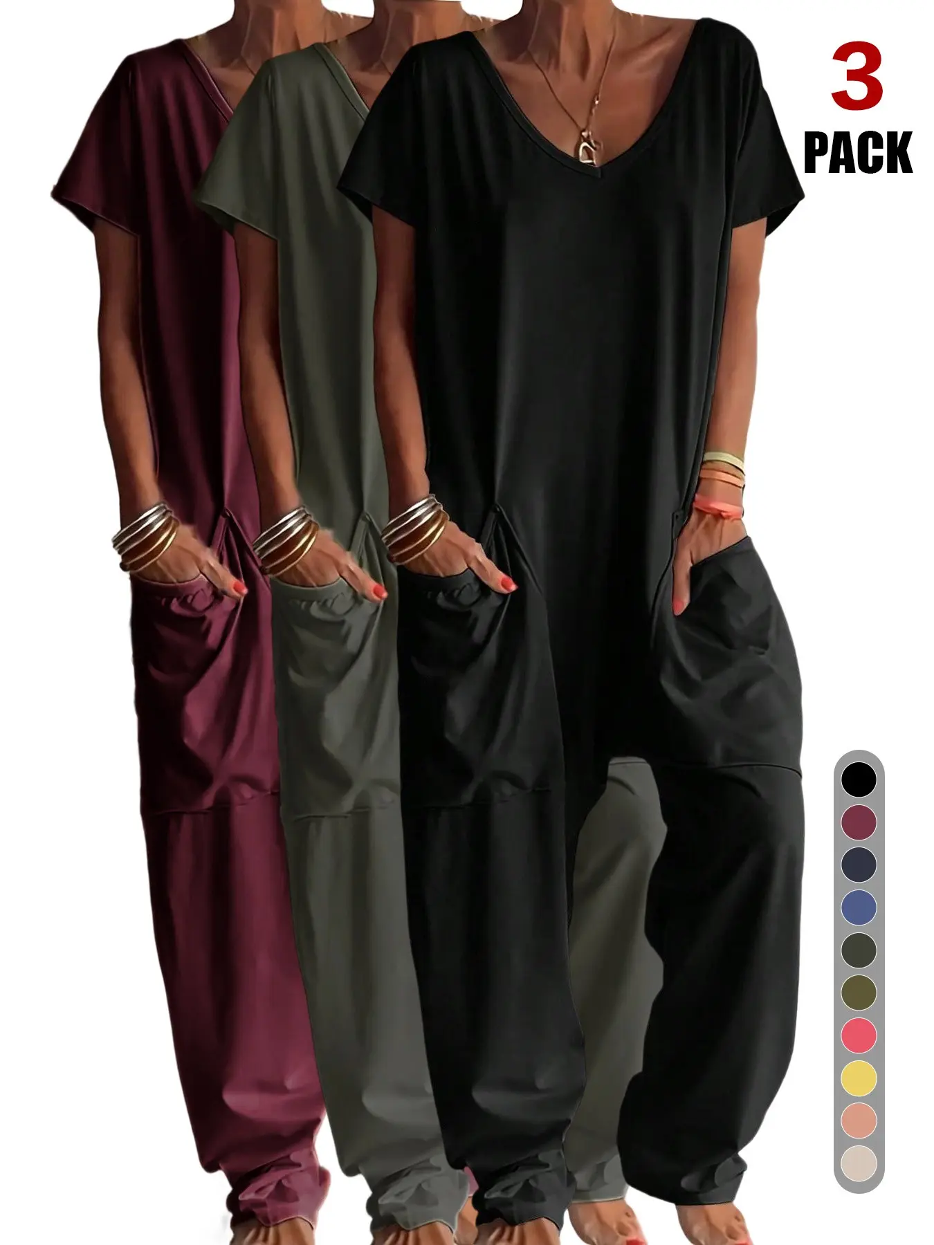 2026 Women's Casual Jumpsuit, Short-Sleeve Batwing V-Neck Harem Pants, Loose Fit Wide Leg, Perfect for All Seasons, Stylish & Comfortable