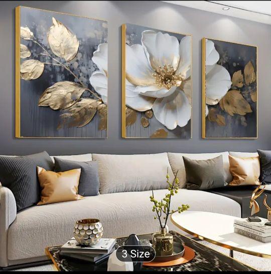 3pcs with frame --Abstract floral theme canvas wall art framed painting, 2D flat surface, suitable for indoor Easter, Mother's Day, Mardi Gras, St. Patrick's Day luxury decoration for him/her, bedroom, living room, bathroom, home office aesthetic decorati