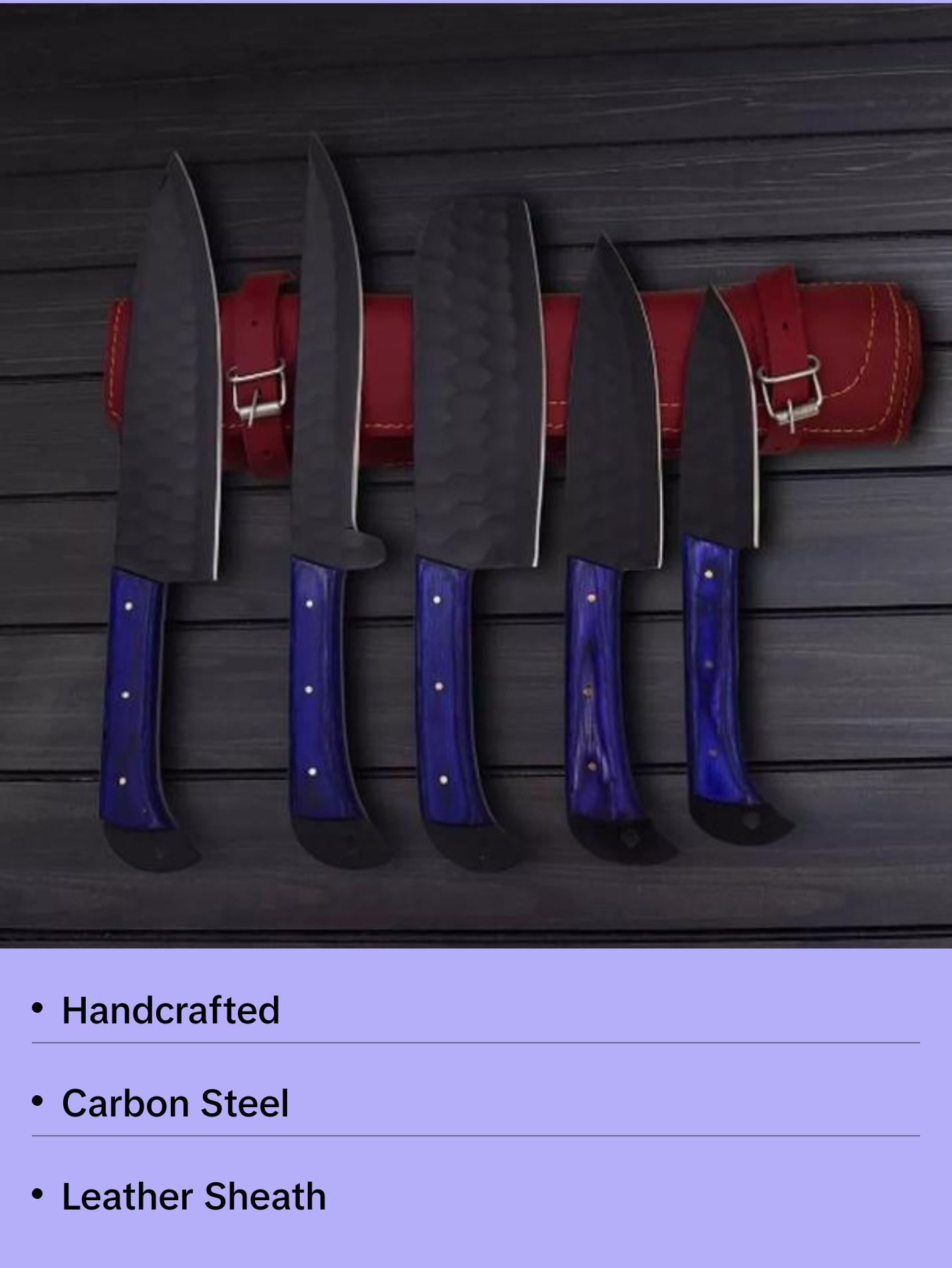 Handmade Chef knife Set, Kitchen Knives, Black Knives, Blue Knives, Meat Cleaver, Paring Knife, Bread Knife, Sharp Knife, Kitchen Knife Set, Carbon Steel. 2432