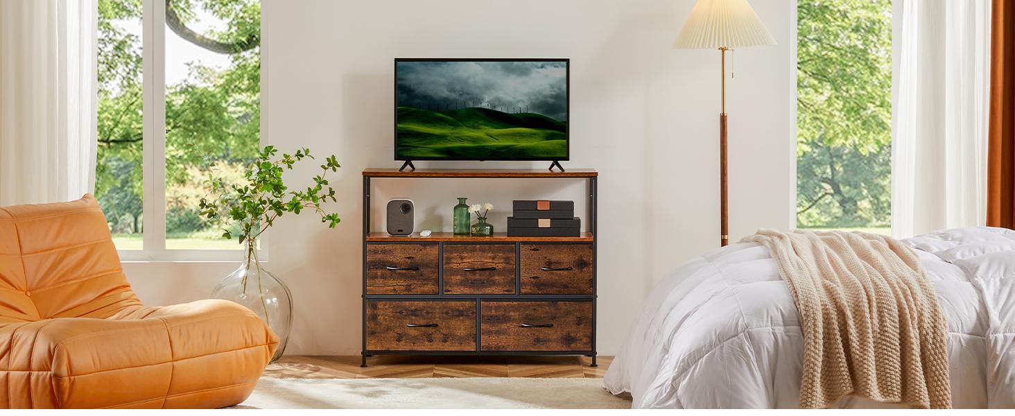 Dresser TV Stand, Entertainment Center with 5 Fabric Drawers, Media Console Table for TV with Open Storage Shelf Dresser