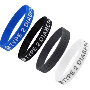 "TYPE 2 DIABETIC" Medical Alert ID Silicone Bracelet Wristbands 4 Pack Black, Blue, Grey and White