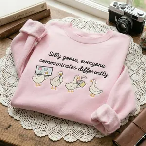 Silly Goose Everyone Communicates Differently Embroidered Sweatshirt, Speech Pathologist SLPA Crewneck, SPED Funny Autism Teacher Shirt
