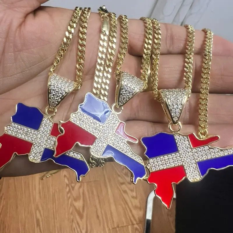 Dominican Flag  pendant and necklace 14k Gold bonded