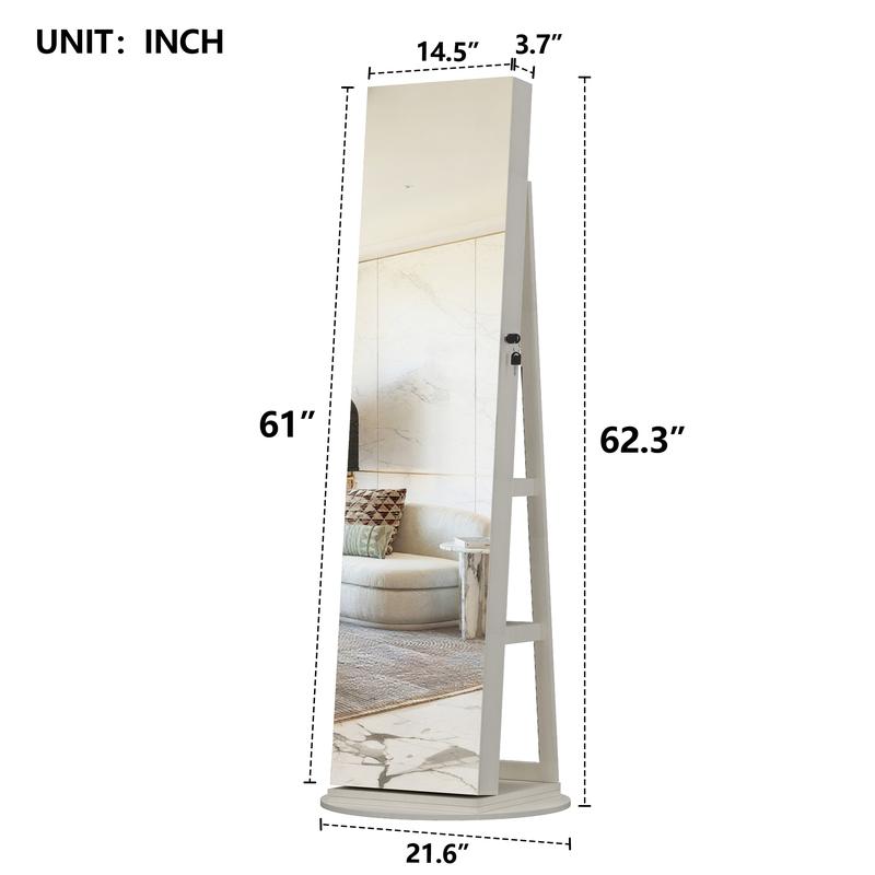 LED Mirror Jewelry Cabinet, 360° Swivel Rotating Armoire Organizer with Lock & Full-Length Mirror, Standing Storage
