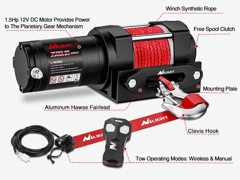 Nilight 3500 lbs ATV Winch 12V Electric Winches With Synthetic Winch Rope Wireless Remote Wired Switch Fairlead Mounting Plate Portable Waterproof Winch for Towing ATV UTV Trailer Truck Jeep Offroad