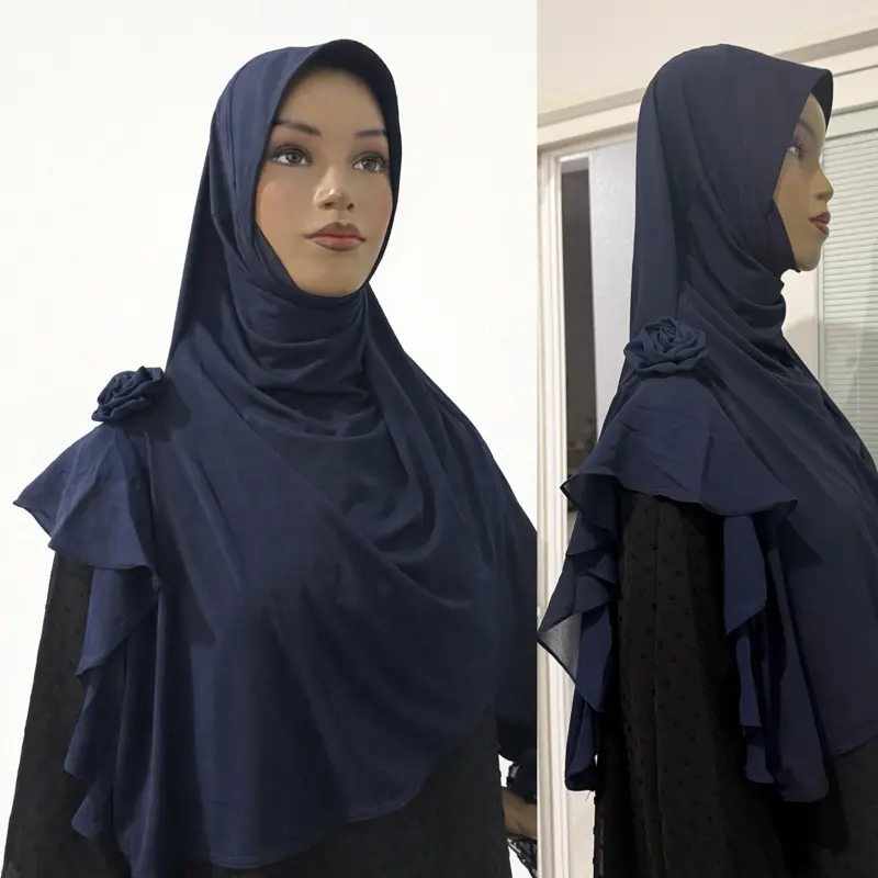 Navy blue Rosette Grace Instant jersey Hijab with chiffon 3D Rose Accent shoulder panel