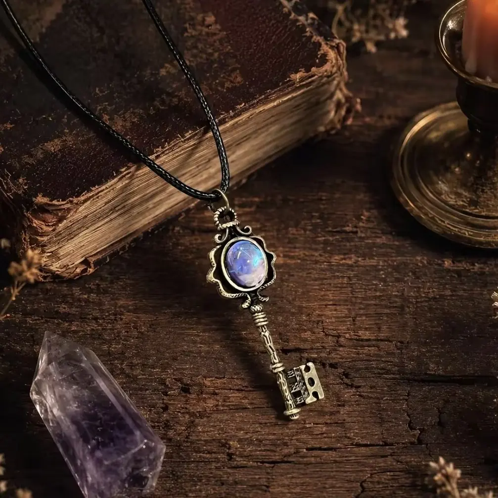 Goth Key Shape Witch Necklace - Witchy Stuff, Adjustable Length, Colorful Solid Copper Bronze Antiqued Metal Coating, Color-Shifting Fluorite Chakra Protection Amulet, Unisex Vintage Petite Pendant, Daily Wear Jewelry Gift