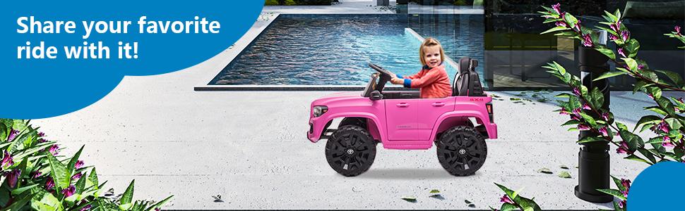 GARVEE Explore the GARVEE 12V Toyota Tacoma Ride-On Car, featuring spring suspension and vibrant LED lights, available in Pink, Black, White, and Red, perfect for adventurous young drivers.