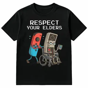 HAGBDH Funny Retro Gamer T-Shirt "Respect Your Elders" Graphic Tee Vintage Video Game Controller Shirt Men's Casual Cotton Top