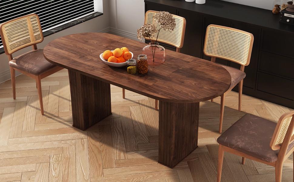 Giratree 70.8 Inch Kitchen Dining Table for 6-8 People, Oval Kitchen Table with Wood Strip Base, Modern Farmhouse Large Round Dining Room Tables for Kitchen Living Room