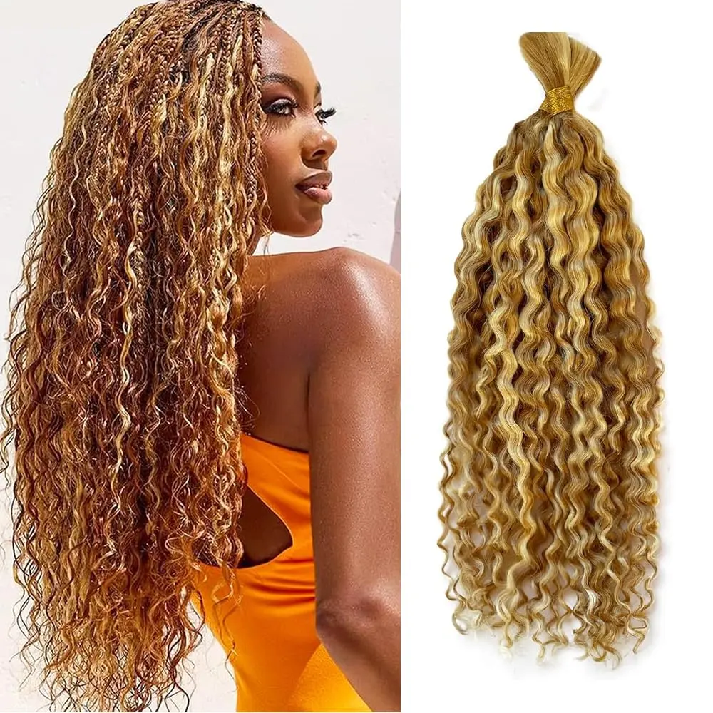 P27/613 Boho Human Hair Braiding Highlight Blonde Deep Wave Braiding Hair 22 22 Inch Brazilian Virgin Deep Wave Bulk Braids Hair Extensions 100g 2 Bundle