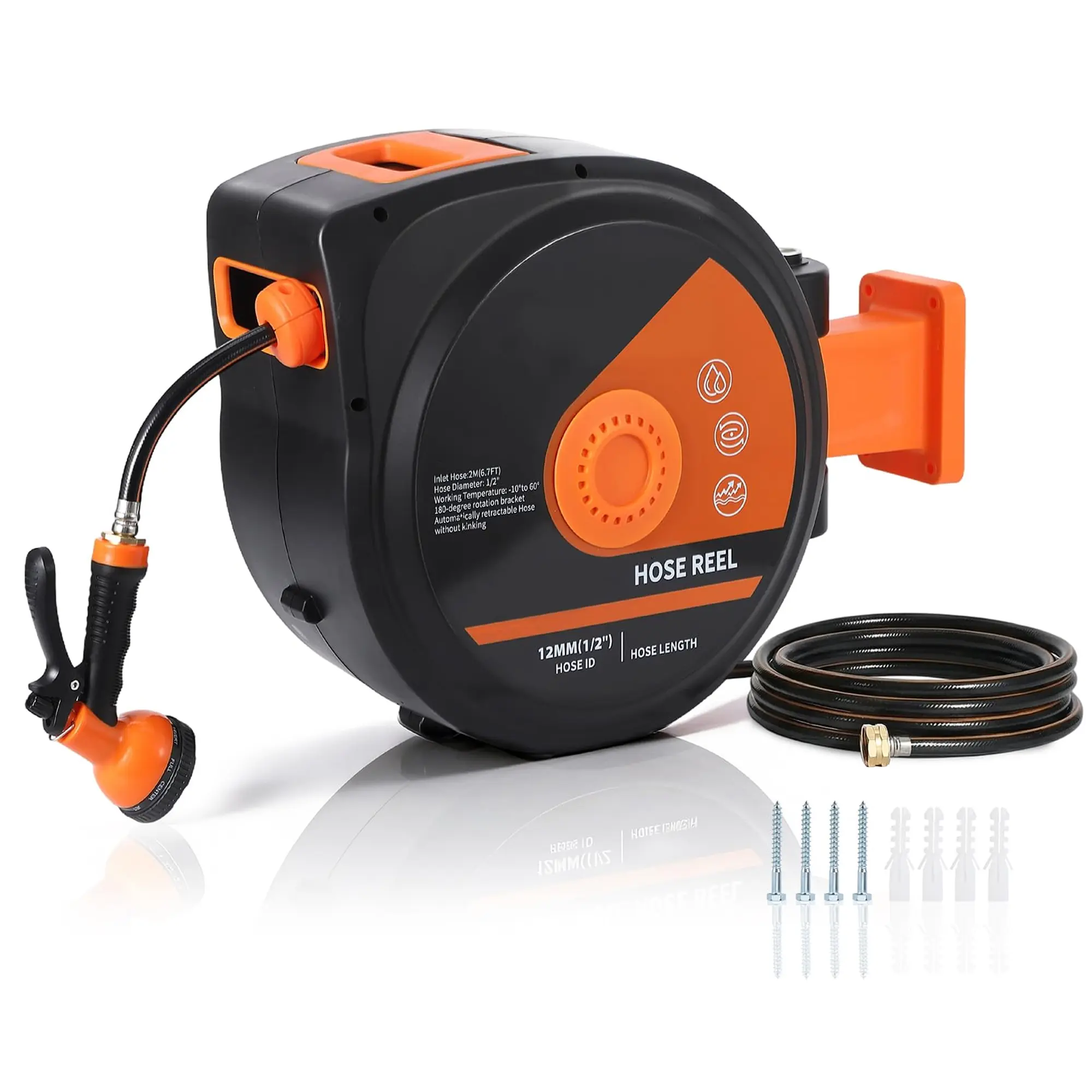 Heavy Duty Retractable Garden Hose Reel, 1/2" x 130ft Wall Mounted Hose Reel, Auto Rewind & Slow Return, Any Length Lock, 180° Swivel Bracket with 10 Function Spray Nozzle, Weather UV Resistant for Yard Lawn Patio, Lawn Care, Yard Watering, Wall Mounting