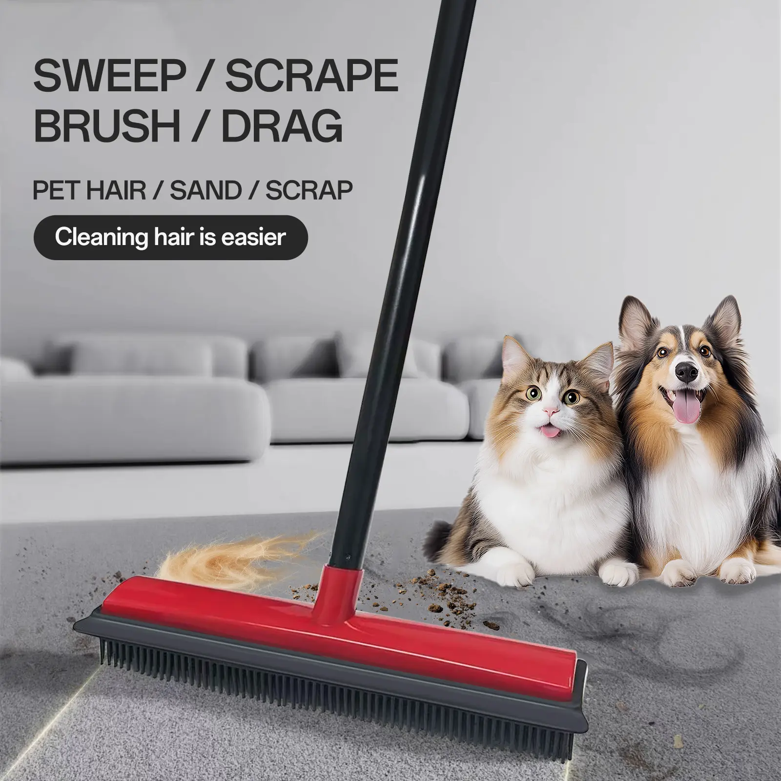 Natural Rubber Broom with Squeegee - 26"-50" 4-Piece Sectional Handle, 2-in-1 Electrostatic Fur Removal Tool, Deep & Daily Cleaning Handheld Rake for Carpet, Home Care Supplies