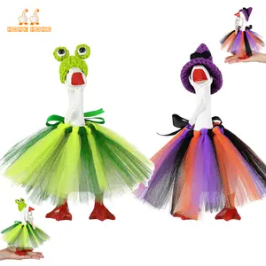 7 Inch Mini Desk Goose Outfits with Frog shape Knitting Hat green Tutu Dress Mini Desk Goose for Magnetic Statue Key Holder Decor