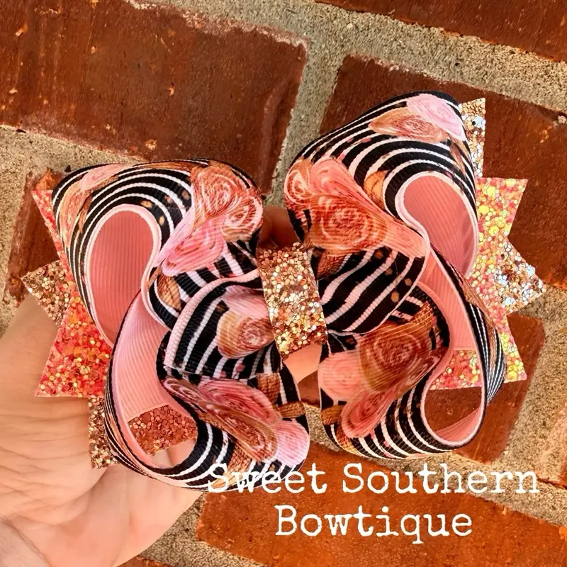 Black and Gold Striped Floral Boutique Hair Bow With Glitter Tails