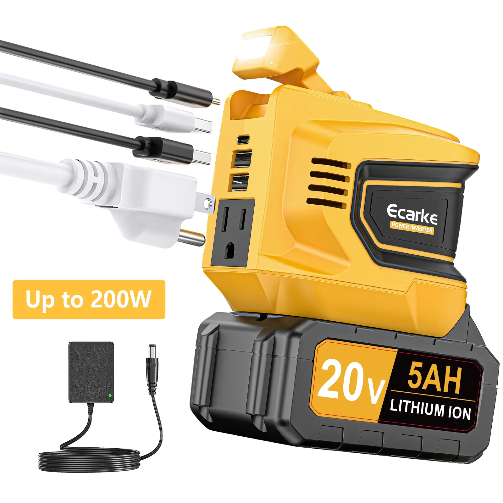 200W Power Station Compatible with Dewalt 20V Battery,  Power Inverterwith a 5AH Battery & a Charging Station, Power Bank DC 20V to AC 110V-120V, with 2 USB-A & 1 Type-C & 1 AC Outlet