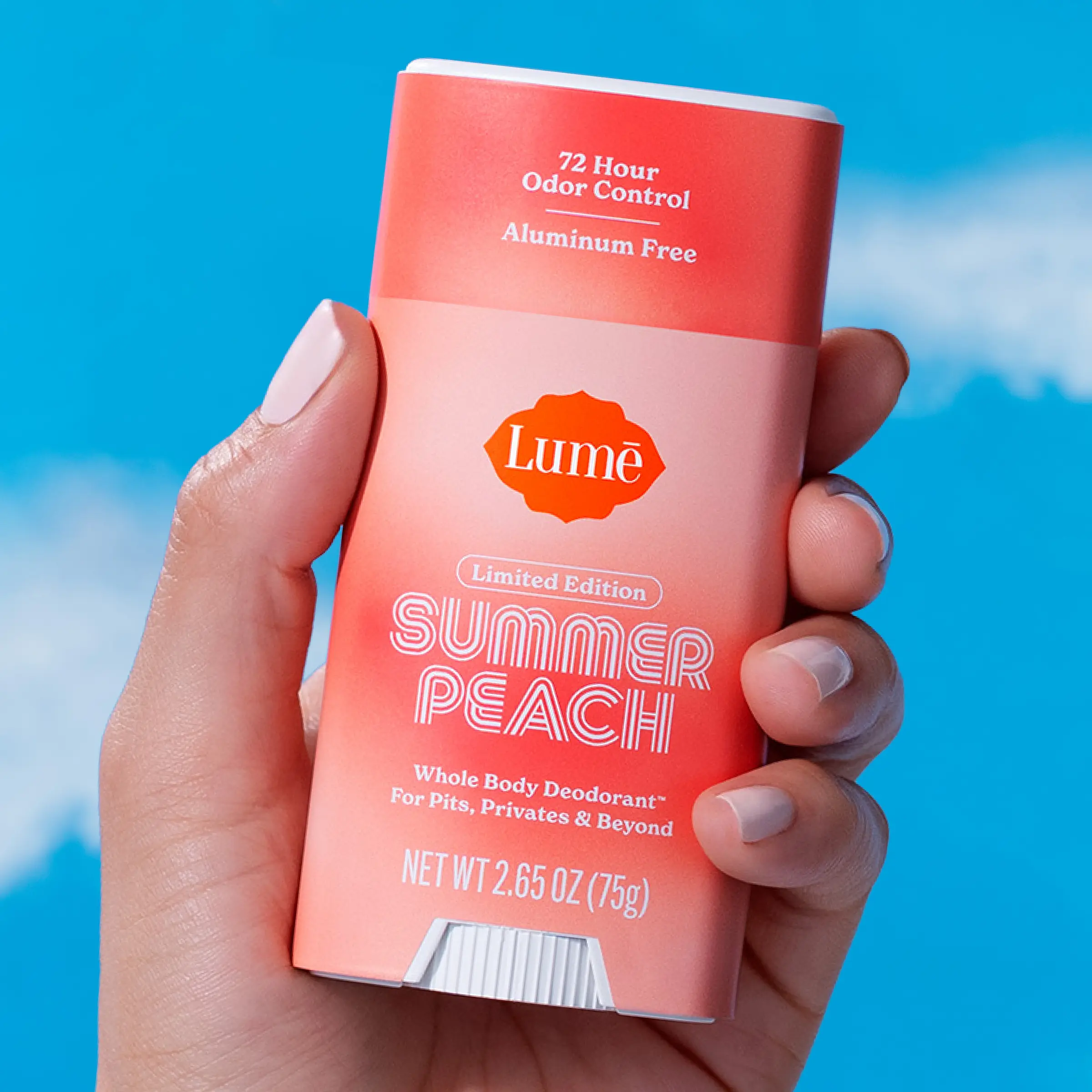 New! Lume's Limited Edition Summer Peach Whole Body Deodorant - Aluminum Free with Mandelic Acid, up to 72 hours of odor control