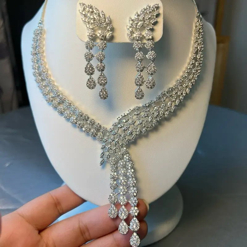 Princess 5A Cubic Zirconia Necklace Set with Earrings - Elegant Rhinestone Jewelry for Women