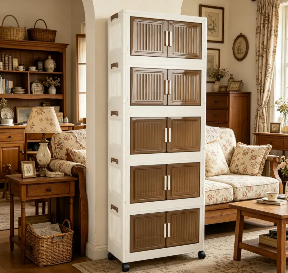 5-tier foldable, stackable plastic storage cabinet with wheels and lid—suitable for various home spaces: bedroom, living room, wardrobe/closet, bathroom, shower, kitchen, hat storage, shoe rack organizer, rack. Collapsible Multifunctional Storage Bins