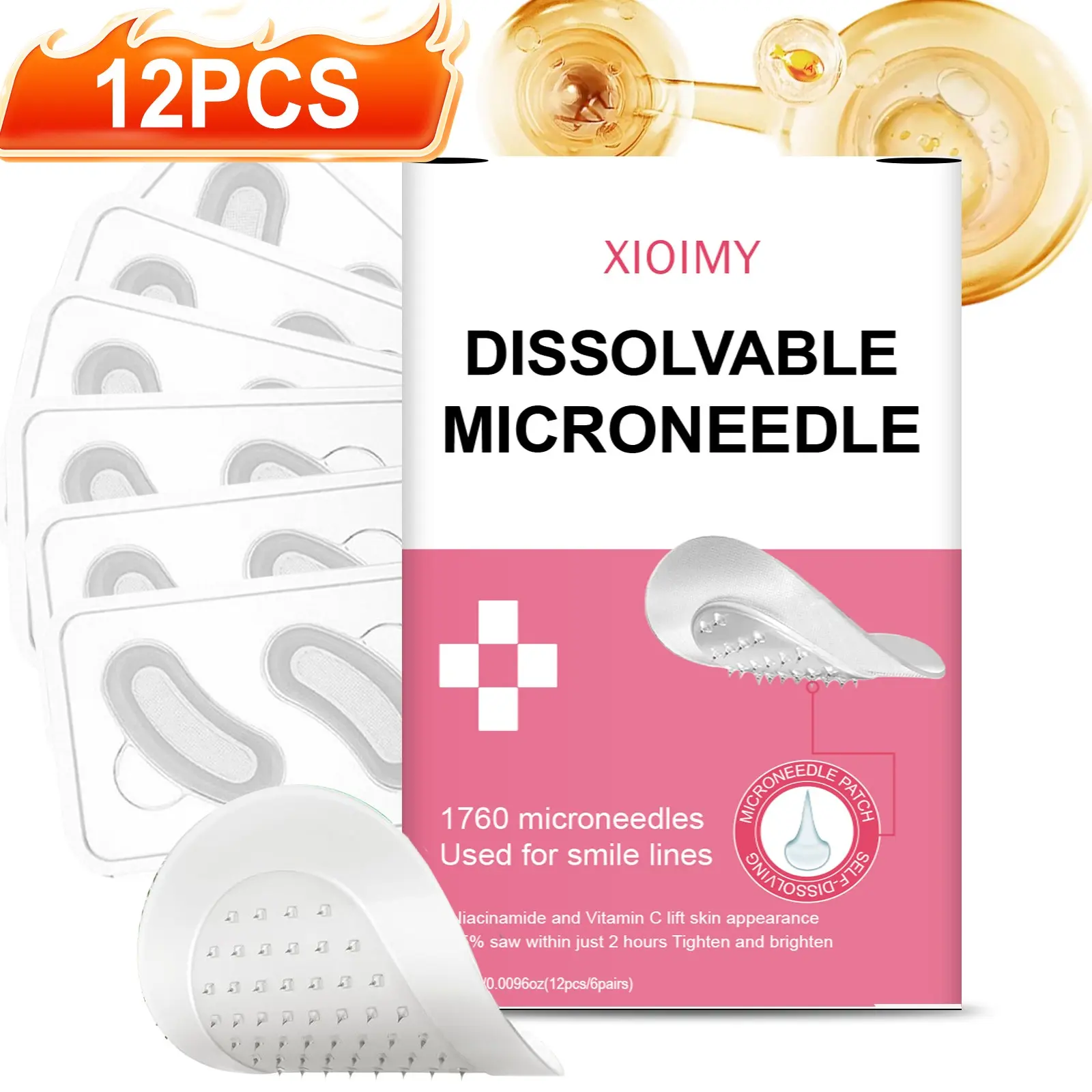 12pcs Hyaluronic Acid & Niacinamide Dissolvable Micro Needle Face Patches, At Home Facial, Deep Moisture, Moisturizing, Hydrating, Skin Care, Beauty Products, Suitable for Face Forehead Smile Lines Eyes, Forehead Facial Patches