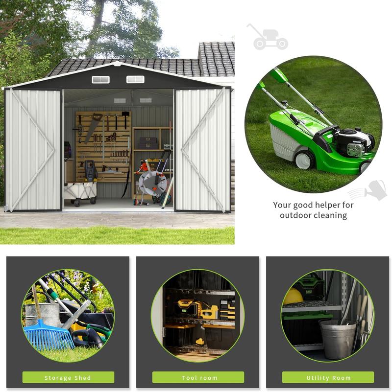 Aoxun Outdoor Storage Shed with Included Base, Lockable Door, Sloped Roof, Galvanized Metal Construction, Multi-Size 6x4/10x8/10x12, Heavy Duty Utility Organizer for Garden, Backyard, Patio