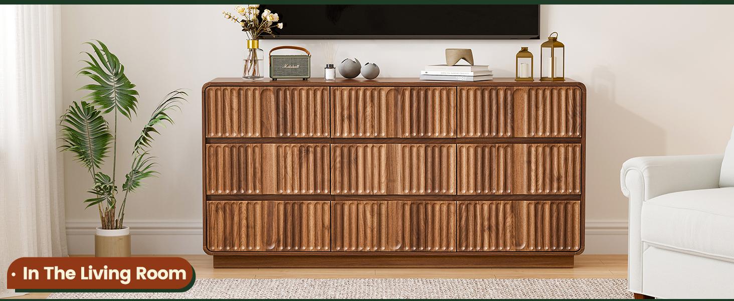 Giratree 60'' Modern Fluted 9-Drawer Dresser, Curved-Corner Wood Chest for Bedroom Storage — Also Works as a Stylish TV Stand