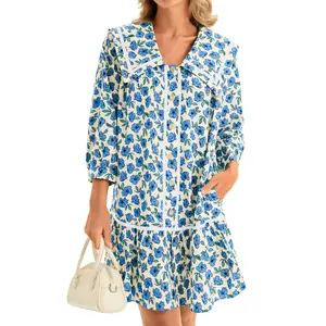 Wenrine Women‘s Casual Shirt Dresses 3/4 Long Sleeve Floral Button Down Flowy Babydoll Fall Mini Dress
