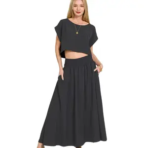 Zenana Heavy Woven Span Crop Tee & Skirt Set