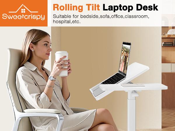 Overbed Bedside Table Adjustable with Wheels, Mobile Standing Stand Up Rolling Laptop PC Desks with Tilting Top Height Tray Side Computer Workstation