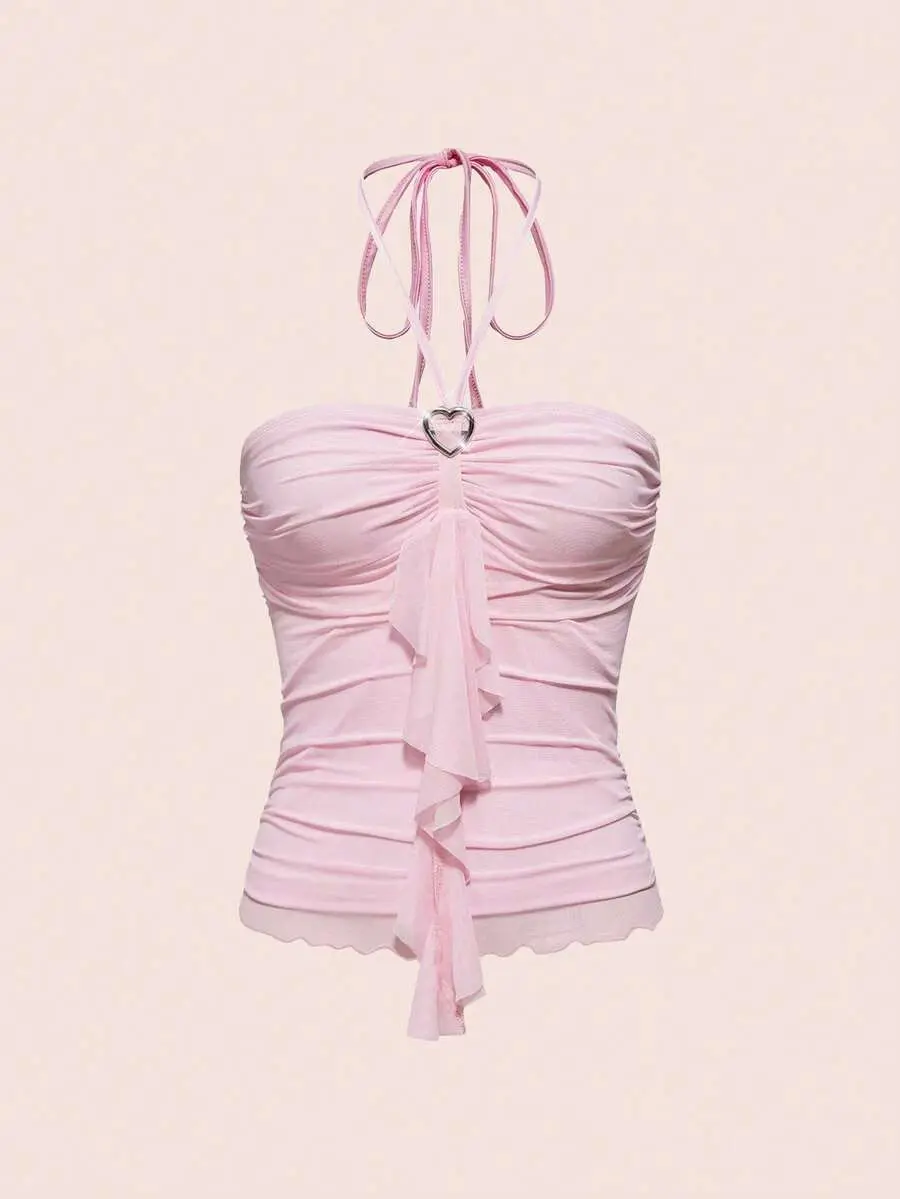 Pink Heart Decor Ruched Splice Tie Neck Fitted Camisole for Sexy Streetwear Everyday Wear