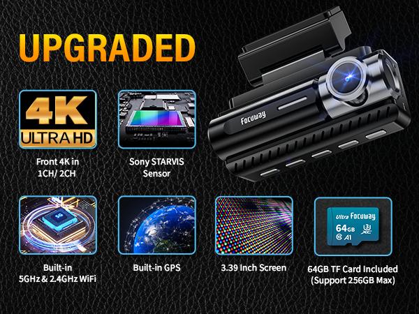 【Hardwire Kit】FocuWay D2 Duo Dash Cam Front and Rear, True 4K Front + 1080P Rear, 24H Parking Mode, Free 64GB Card, TouchScreen, Voice Control, GPS & WiFi, HDR Night Vision