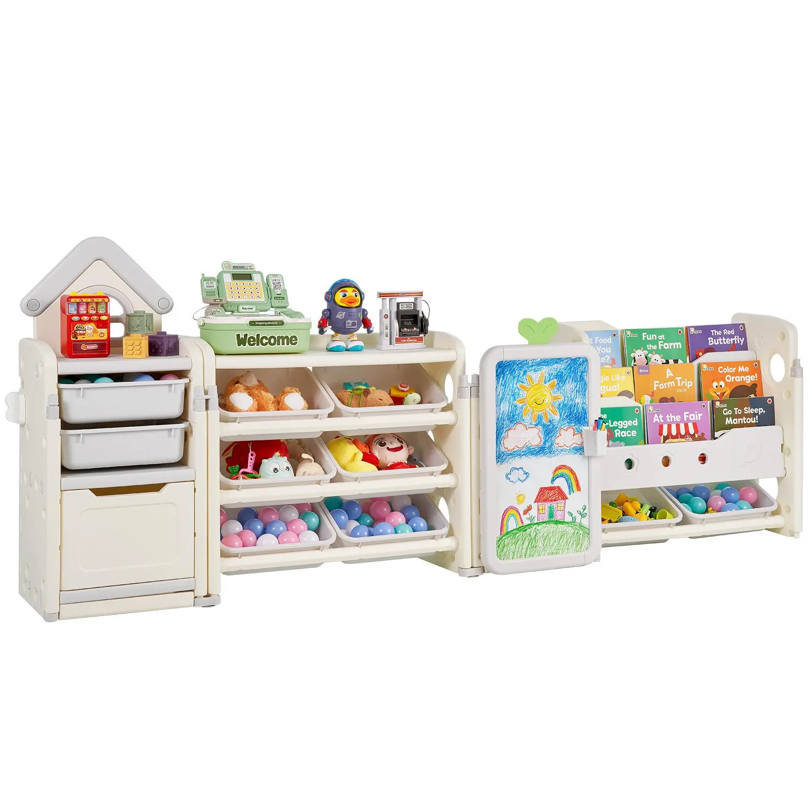 【SummerFinds】VEVOR Kids Toy Storage with Bookshelf,  , 4-Tier Large Toy Storage Organizer with 10 Plastic Movable Bins, Kids Cubby Cabinet with Bookshelf and Drawing Board for Study Room, Playroom, Classroom, Nursery