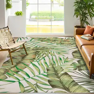 GARVEE 10x13 Modern Tropical Area Rug Palm Leaf Floor Carpet Large Thin Rug Non Slip Non Shedding Rug, Soft Washable Rug, Low Pile Botanical Rug, Indoor Rug for Living Room, Bedroom, Green